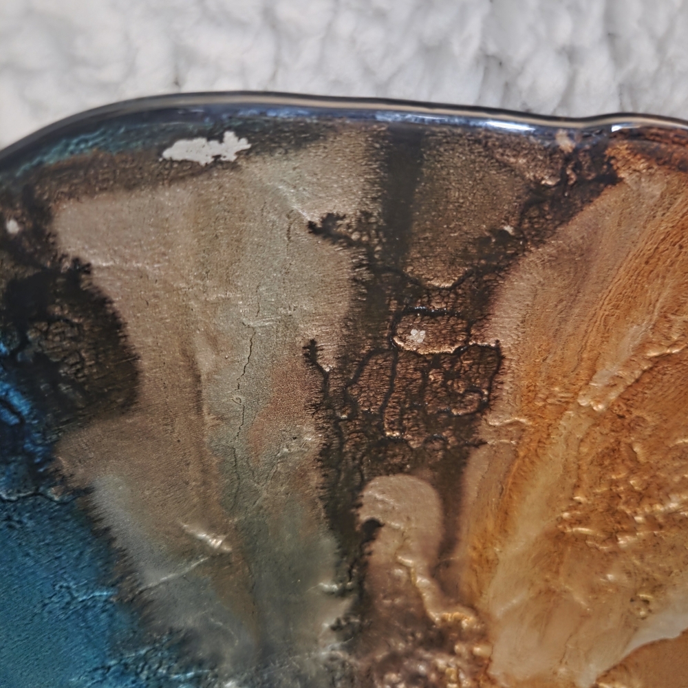 Stunning Large Multicolored Art Glass Bowl Blue, Brown,& White Swirl Centerpiece - Picture 13 of 15
